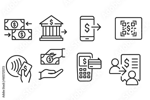 Set of black outline icons depicting financial transactions in minimalistic style