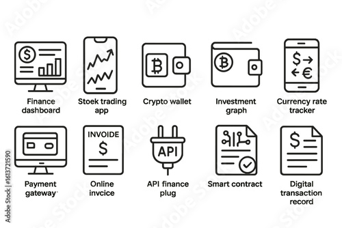 Set of line-drawn finance and technology icons for digital concepts