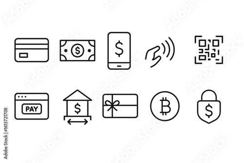 Set of line icons for payment and finance: credit card, cash, mobile payment