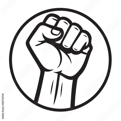 Black and White Illustration of a Raised Fist Symbolizing Power Solidarity and Resistance Within a Circle