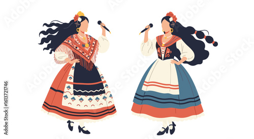 Two women in traditional folk costumes singing together on stage with microphones
