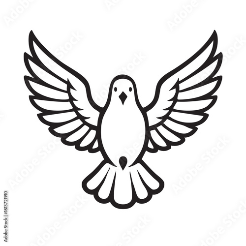 Elegant Black and White Dove Illustration with Wings Spread Wide on a White Background stylized