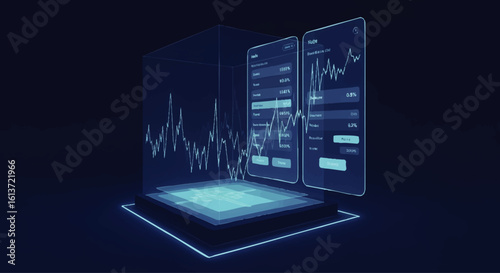 A digital representation of financial data displayed on transparent screens and a cube, showcasing stock market trends.