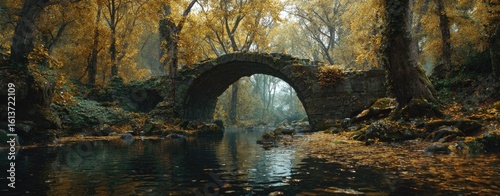 Autumnal forest bridge over a stream