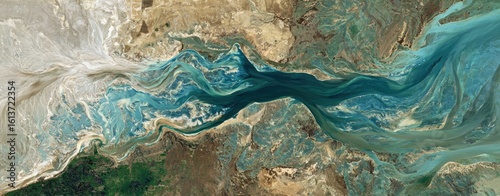 Aerial view of a winding waterway, various colors and textures