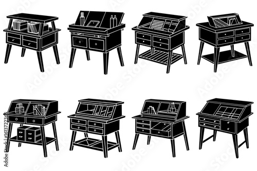 Various styles of antique secretary desks with drawers and storage compartments displayed in a row pattern
