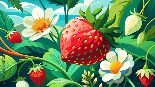 A summer gardening scene featuring a close-up of a white flower alongside red strawberry berries captures nature’s charm. In semi-realistic detail, colors blend beautifully, creating a fresh and peace