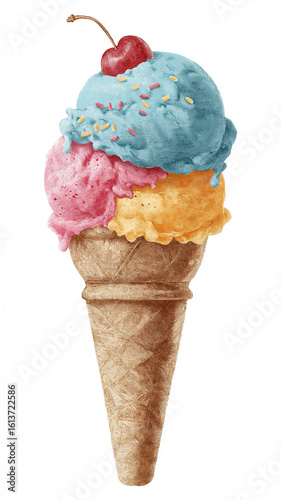 Delicious ice cream cone with colorful scoops and cherry