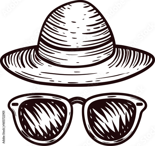 Hand drawn sun hat and sunglasses illustration isolated on white background in vintage engraved