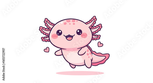 Tiny pink salamander with bright eyes smiling joyfully in kawaii vector style