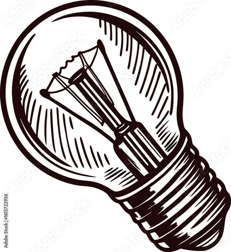 Hand drawn vintage incandescent light bulb illustration in engraved sketch on white background
