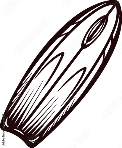 Hand drawn illustration of single surfboard isolated on white background in vintage engraving sketch