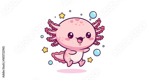 Kawaii pink axolotl character with enthusiastic expression and bubbly gills floating