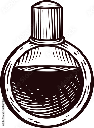 Vintage hand drawn round perfume bottle with liquid and textured cap isolated on white background illustration