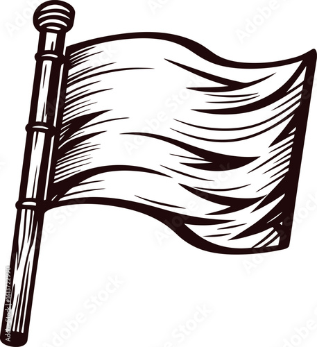 Hand drawn waving blank flag on pole vintage engraved illustration in monochrome black and white