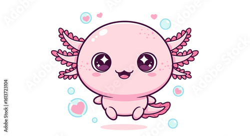 Ultra round chibi axolotl with flower petal gills and giant sparkling eyes in kawaii style