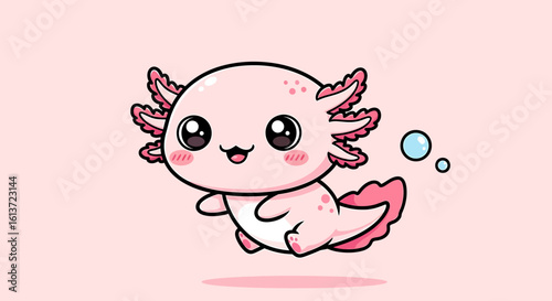 Super cute chibi axolotl in pastel pink floating happily with bubble accents