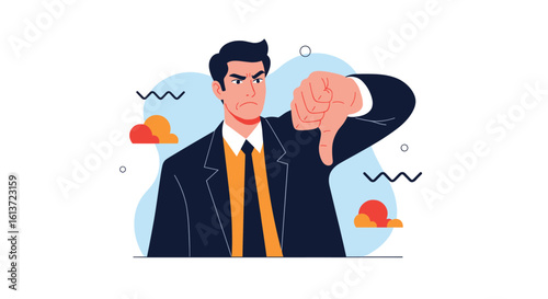 Frustrated businessman shows a thumbs down gesture expressing disapproval and disappointment in his professional life