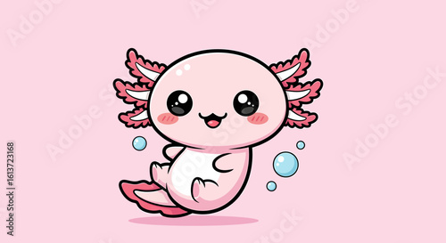 Adorable pastel chibi axolotl with big glossy eyes and blushing cheeks in kawaii style