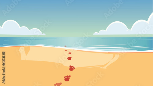 Gentle depiction of footprints in wet shoreline sand guiding the viewer toward the horizon, with a softly blurred ocean and sky background emphasizing calm and solitude.
