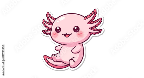 Adorable tiny axolotl sticker in pastel colors with joyful expression and cartoon proportions