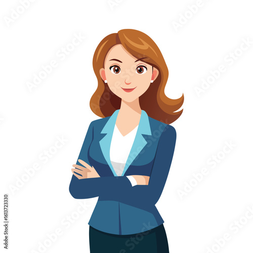 Confident Woman Boss Standing with Arms Crossed Vector Illustration – Empowering Female Leadership, Corporate Success, Businesswoman Pose, Clean White Background, Professional Workplace Concept