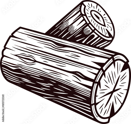 Hand drawn illustration of two wooden logs with detailed grain and vintage engraved shading