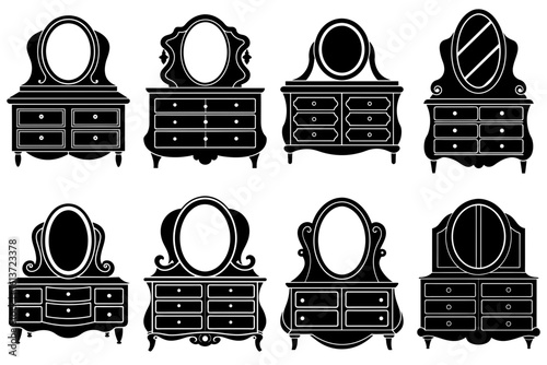 Collection of eight vanity dressers with oval mirrors in black and white silhouette style design art