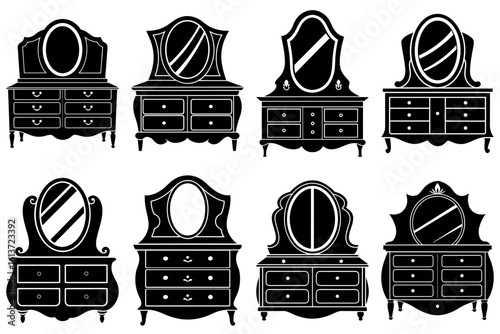 Collection of eight black silhouette vanity dressers with oval mirrors in different styles and shapes