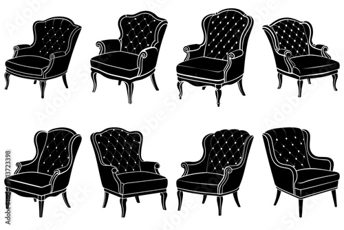 A collection of eight black and white wingback chairs with tufted backs arranged in two rows of four