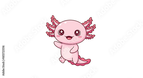 Pastel pink axolotl sticker with smiling face and flower petal shaped gills