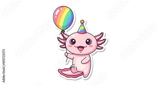 Playful pastel pink kawaii axolotl sticker wearing tiny party hat holding balloon