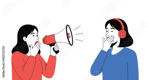 Woman yelling loudly through a megaphone startling another woman wearing headphones and covering her mouth in shock and surprise