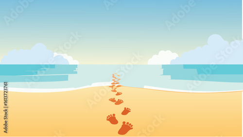 Tranquil scene of footprints over moist sand leading to the distant ocean, with soft focus on the sky and water, symbolizing solitude, journey, or peaceful contemplation.
