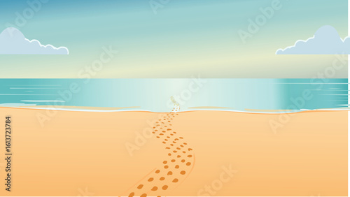 Serene image of footprints in wet sand heading toward the horizon, with a blurred ocean and sky background, evoking feelings of solitude, reflection, and peaceful travel.
