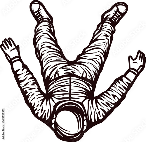 monochrome illustration of an astronaut floating freely in space suit, arms and legs extended, top view