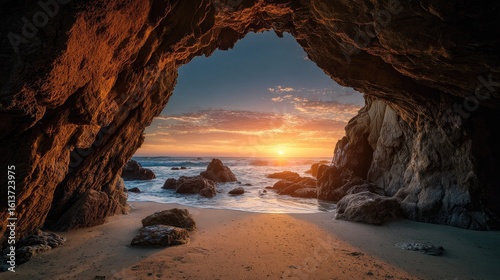Cave opening onto sunset beach
