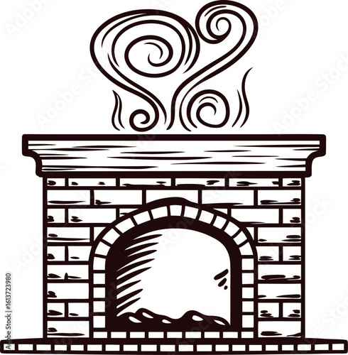 Hand drawn brick fireplace with smoke swirl isolated on white background vintage black and white sketch illustration