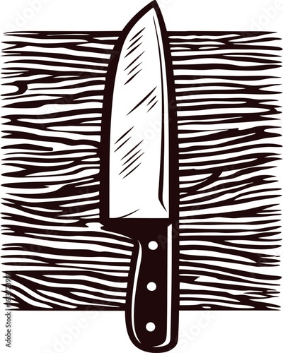 Hand drawn chef knife over wooden plank background vintage kitchen utensil engraving sketch illustration