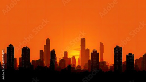 Silhouetted city skyline at fiery sunset