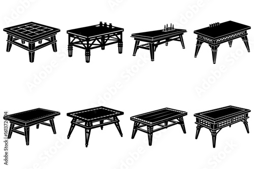 Isometric view of eight different tables with various designs in black and white illustration style art