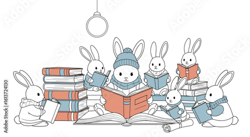 Adorable group of artistic bunnies gathered together enjoying reading books during a cozy winter day wearing scarves and hats illustrating a heartwarming story time