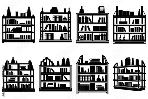Collection of eight black and white silhouette style bookshelves filled with various books and decorative items