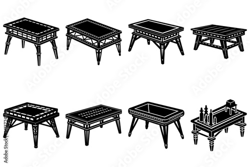 Collection of eight isometric tables with different designs and varying leg styles in black and white