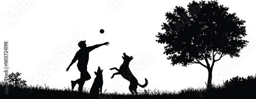 Silhouette of man throwing ball to dogs, playing fetch outdoors, park scenery, active pets, tree background, jumping dog, canine activity, fun play