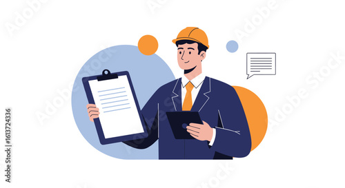 Professional engineer reviewing project plans and documents on a clipboard with focused attention and determination