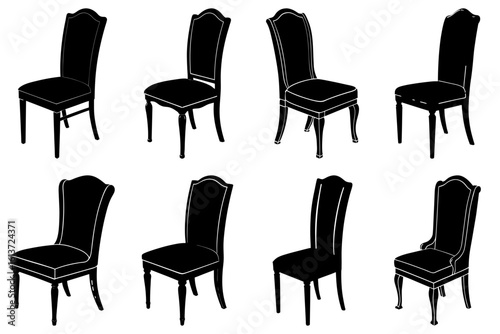 Illustration of eight black silhouette chairs with varying designs and ornate details in a symmetrical layout