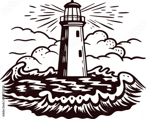 Hand drawn lighthouse shining at sea with waves and clouds, vintage black and white engraved illustration