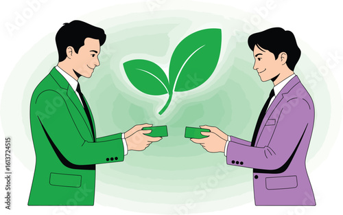Green investment concept with two businessmen exchanging money for growth