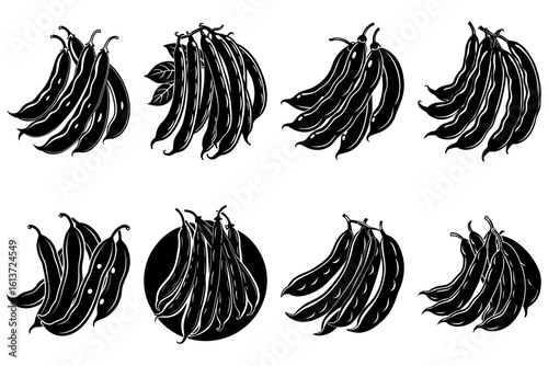 Illustration showing multiple bunches of black and white string beans in varying orientations and groupings